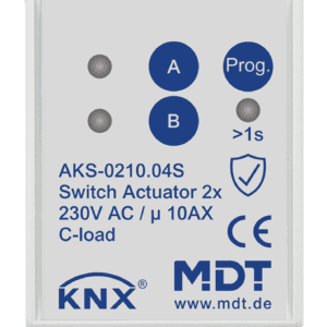 KNX Schaltaktor 2-fach, 2TE REG, 10 A, 230 V AC, C-Last,Standard,140µF, Secure MDT AKS-0210.04S