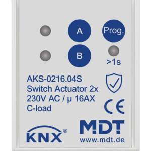 KNX Schaltaktor 2-fach, 2TE REG, 16 A, 230 V AC, C-Last,Standard,140µF, Secure MDT AKS-0216.04S