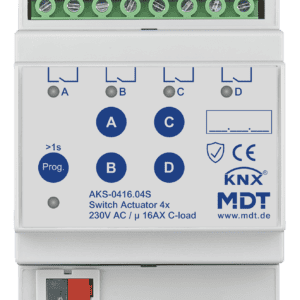KNX Schaltaktor 4-fach, 4TE REG, 16 A, 230 V AC, C-Last,Standard,140µF, Secure MDT AKS-0416.04S