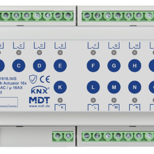 KNX Schaltaktor 16-fach, 8TE REG, 16 A, 230 V AC, C-Last,Standard,140µF, Secure MDT AKS-1616.04S
