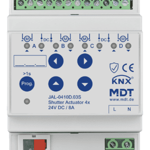 KNX Jalousieaktor 4-fach, 4TE REG, 8 A, 24 V DC, Secure MDT JAL-0410D.03S