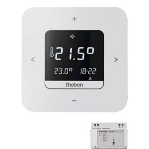 Digital-Uhrenthermostat, Wochenprogramm, Batterieversion, App-Bedienung möglich, Empfänger für DIN-Schiene Theben 8139201