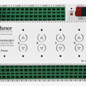 Multifunktionaler KNX-Aktor mit integrierter Fassadensteuerung für Antriebe von Jalousien, Markisen, Rollläden, Fenstern und für schaltbare Verbraucher wie Licht. Ausgänge 230 V AC. Mit Digital-Eingängen Elsner 70546
