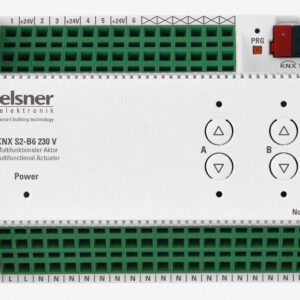 Multifunktionaler KNX-Aktor mit integrierter Fassadensteuerung für Antriebe von Jalousien, Markisen, Rollläden, Fenstern und für schaltbare Verbraucher wie Licht. Ausgänge 230 V AC. Mit Digital-Eingängen Elsner 70548